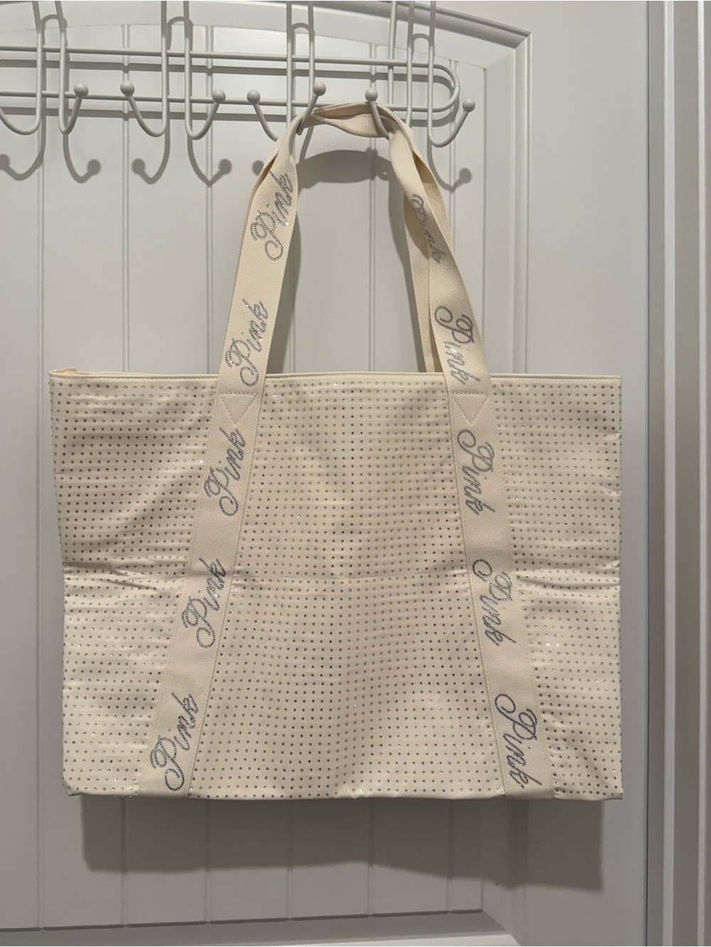 PINK Victoria's Secret Cream & Sparkle Perforated Tote with Logo Straps ✨💲59.95